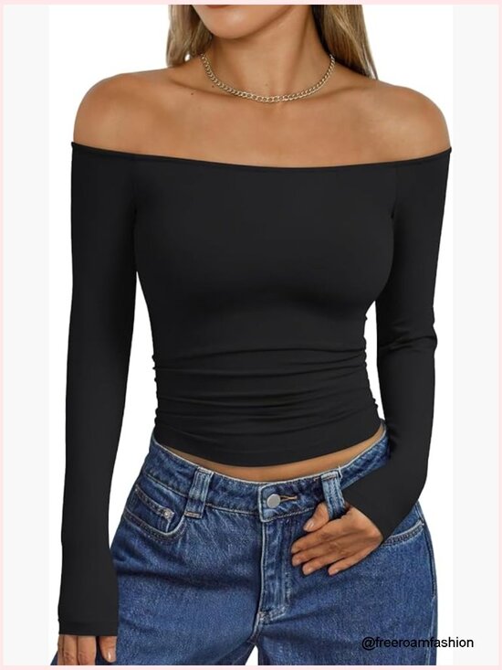 Tops - Long Sleeve Off The Shoulder Slim Fit Top Y2K Going Out Cute Basic